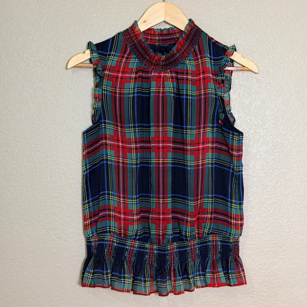 J.Crew Womens Red Green Plaid Smocked Neck Peplum Holiday Top Metallic Size 4